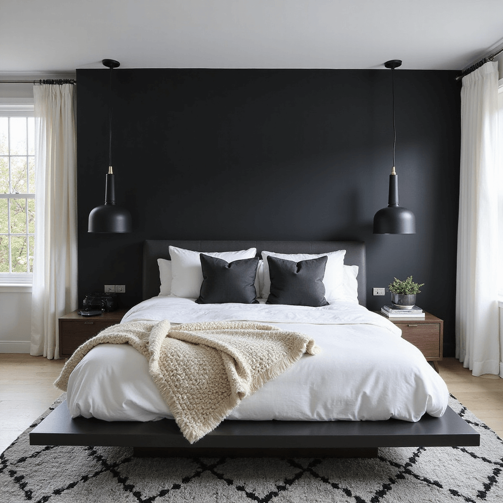 A contemporary minimalist bedroom featuring a floating platform bed with white linens against a black accent wall, illuminated by morning light through floor-to-ceiling windows, complemented by matte black pendant lights, a geometric rug, and layered textures.