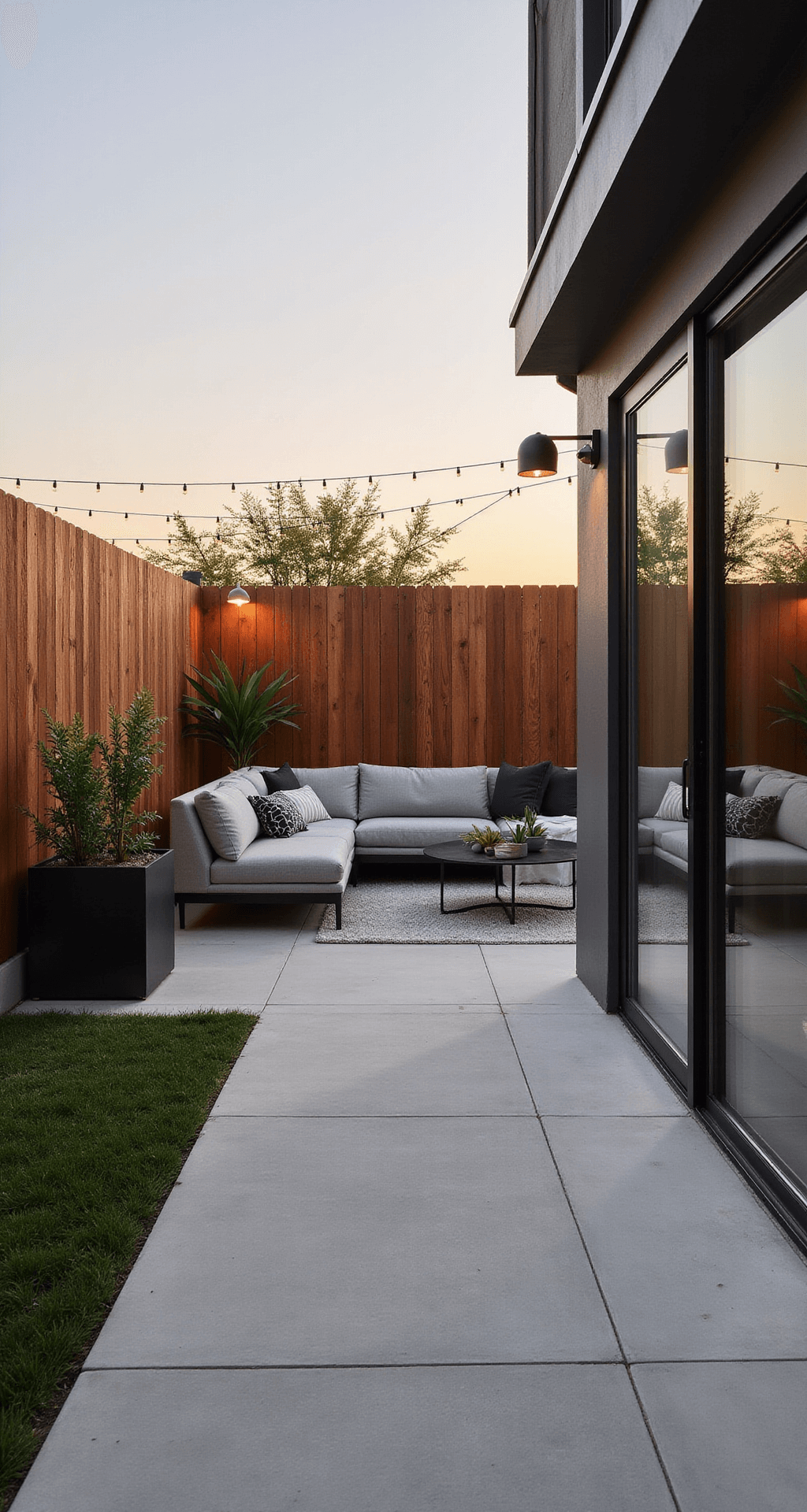 Wide-angle view of a contemporary patio at sunset, featuring polished concrete flooring, vertical cedar privacy screens, a low-profile grey sectional with white and charcoal cushions, and architectural succulents in matte black metal planters. String lights create a canopy, with floor-to-ceiling sliding doors enhancing the indoor-outdoor flow. The scene exudes serene sophistication.