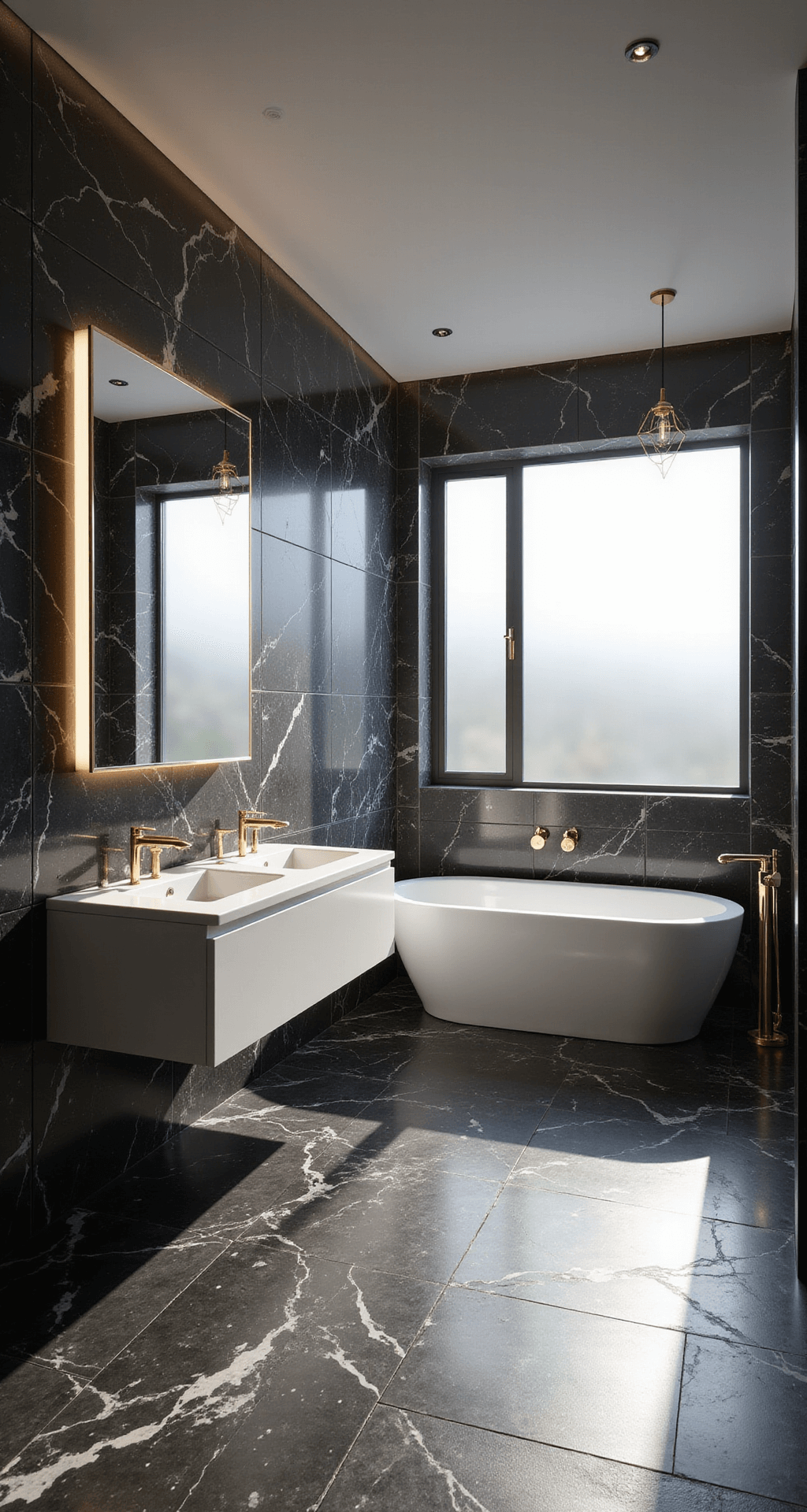A modern bathroom featuring floor-to-ceiling black marble tiles with white veining, illuminated by morning sunlight through a frosted window. A floating white double vanity with a backlit mirror and gold fixtures is prominent, alongside a freestanding white soaking tub. Geometric pendant lights cast shadows, enhancing the sleek design.