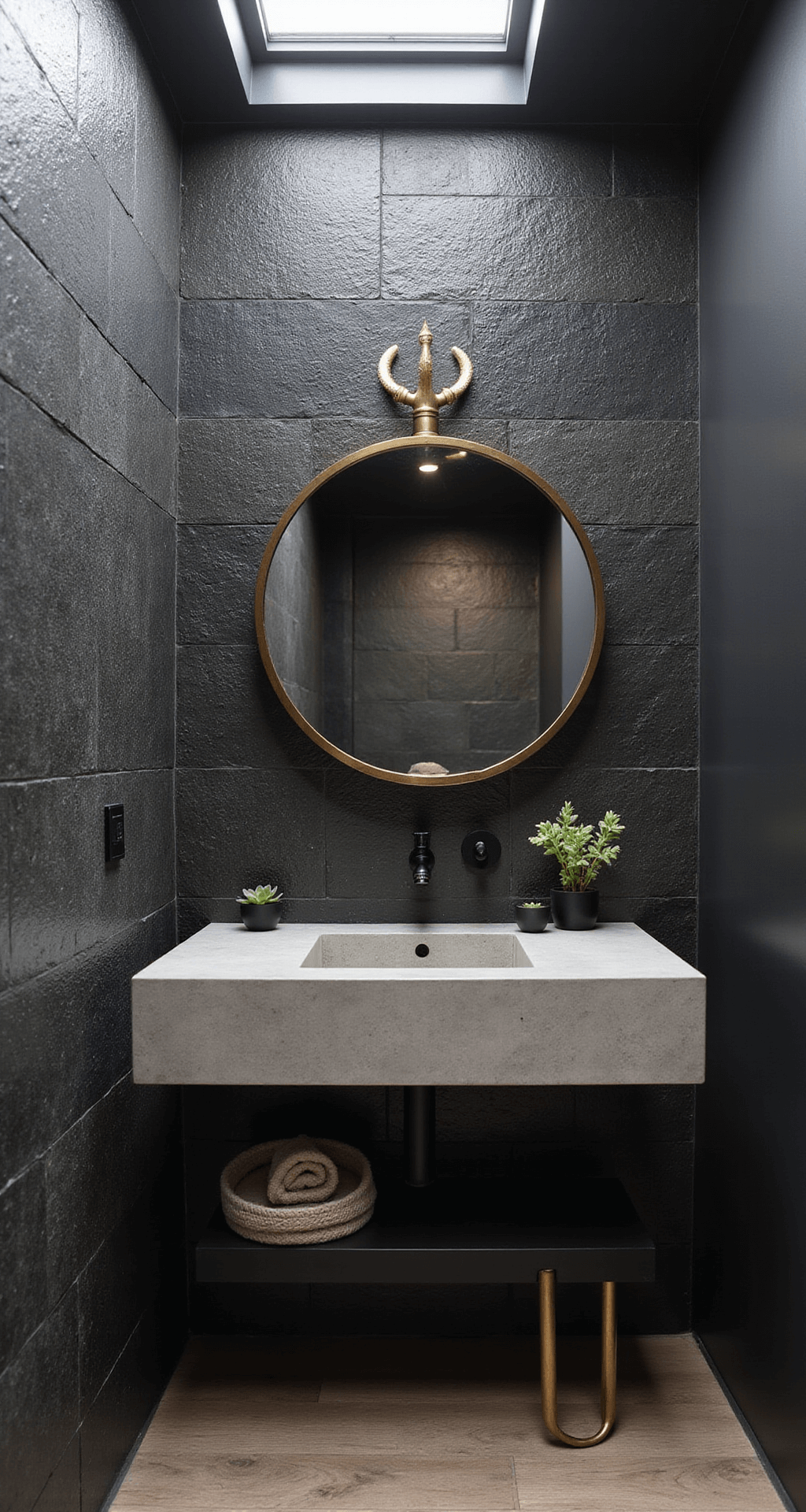 An intimate powder room featuring vertical black slate tiles, a brass-framed round mirror above a concrete vanity, matte black fixtures, and small potted succulents, all illuminated by soft afternoon light from a skylight.