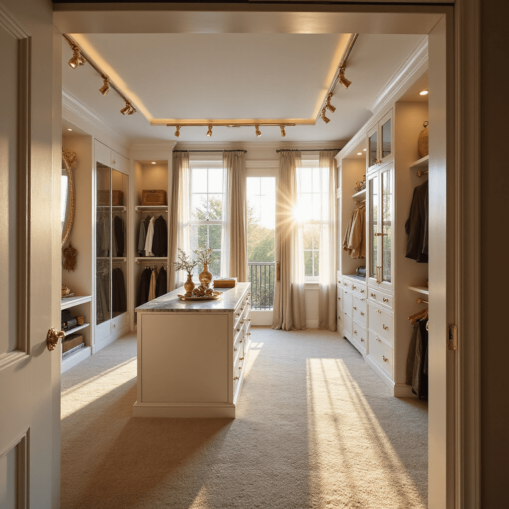 A luxurious walk-in closet bathed in warm golden hour light, featuring custom white cabinetry, a marble-topped central island, and organized designer clothing racks, all captured from the entrance with an ultra-wide angle lens.