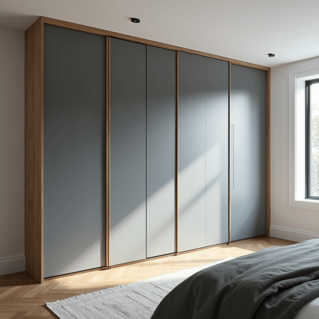 A modern built-in wardrobe in a contemporary bedroom, featuring floor-to-ceiling matte gray doors with integrated LED lighting, minimalist design, and cool gray and white colors, captured from a 45-degree angle with natural light creating subtle shadows.