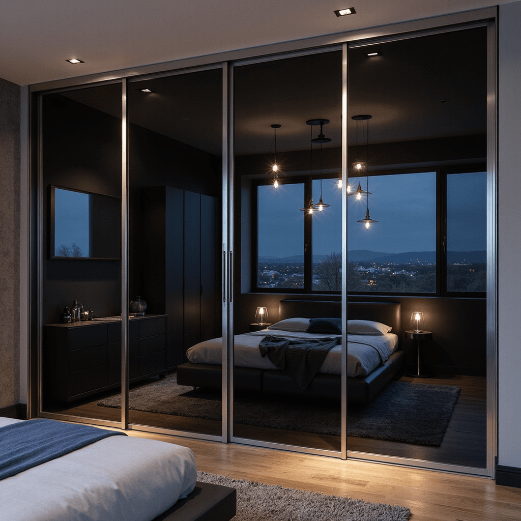 A contemporary sliding door wardrobe system at dusk features 8ft mirrored doors reflecting a moody bedroom with pendant lights. The design includes aluminum frames and smoky glass panels, shot from a low angle to emphasize height, with brushed metal and high-gloss finishes in a charcoal and silver color palette accented by midnight blue.