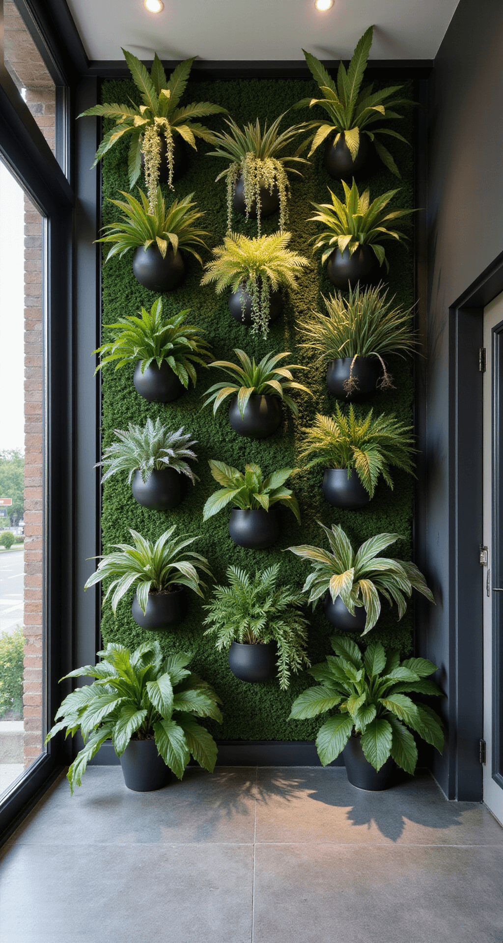 Aerial view of a modern entryway featuring a living wall of tropical plants in sleek planters against charcoal walls, illuminated by indirect LED lighting for a lush and contemporary atmosphere.