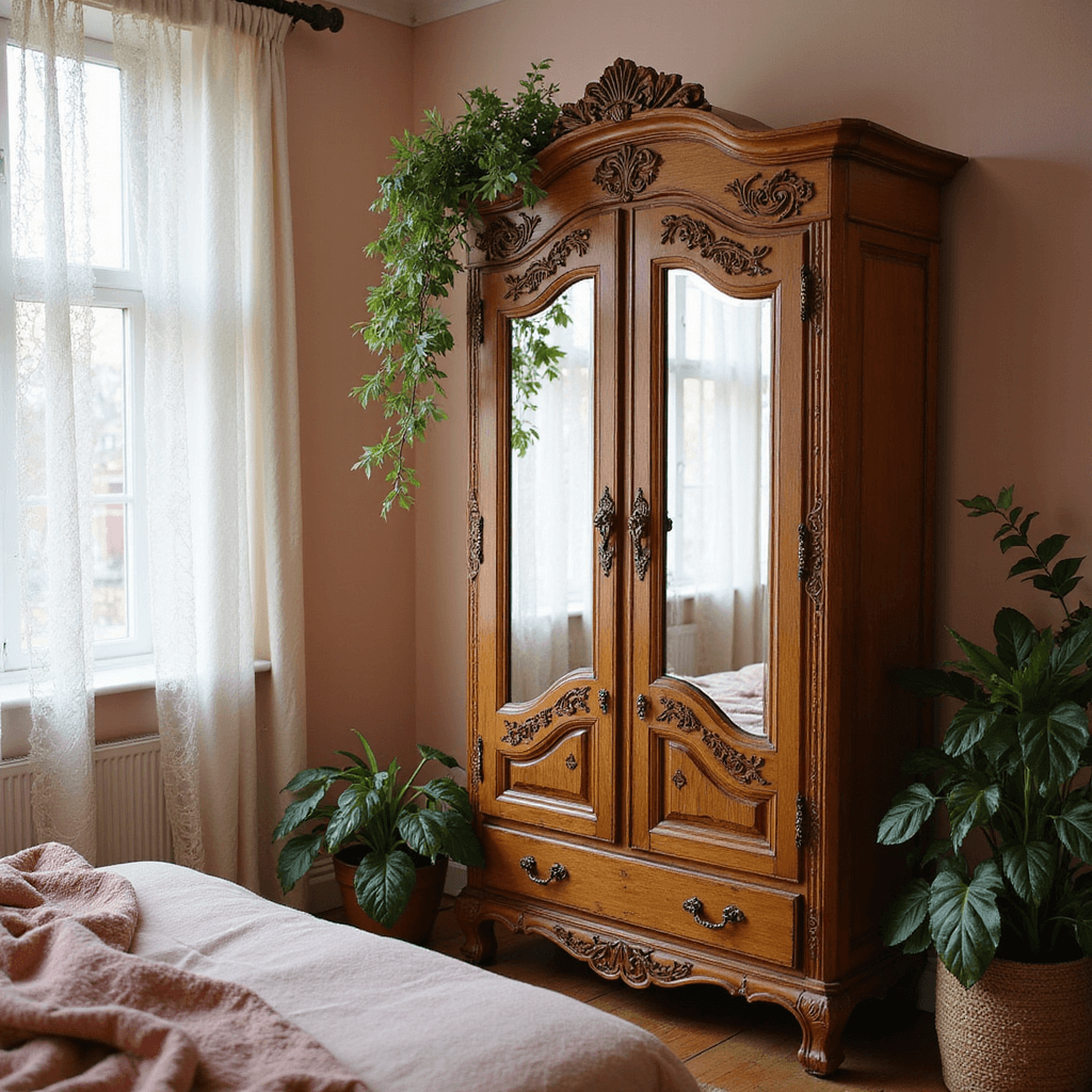A freestanding vintage armoire with intricate carvings and antique brass hardware in a bohemian bedroom, illuminated by morning light through lace curtains, against a pale blush wall adorned with trailing plants. The scene is captured at a slight Dutch angle, showcasing soft natural lighting and a color palette of warm oak tones, vintage brass, and blush pink accents.