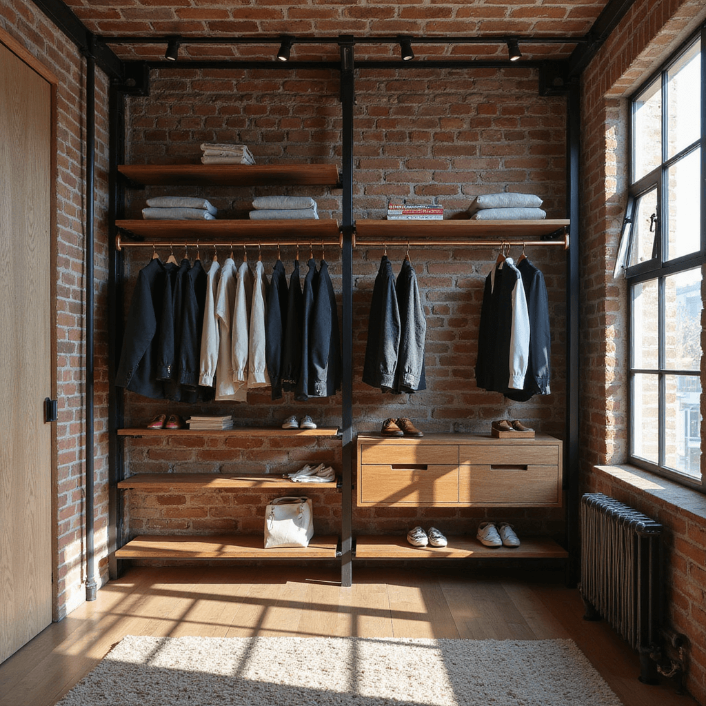 Minimalist open closet system featuring black metal framework, floating wooden shelves, and copper hanging rails, illuminated by clean afternoon light against an exposed brick backdrop, emphasizing geometric lines and texture contrasts.