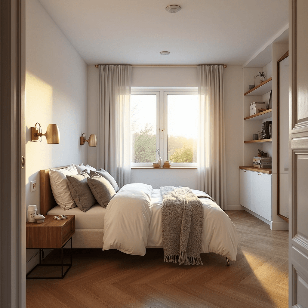 Serene bedroom during golden hour featuring a corner-tucked queen bed with a brass frame, white linens, and gray pillows; wall-mounted brass sconces by a floating walnut nightstand; built-in white shelves; large mirror reflecting sunlight on herringbone hardwood floors; neutral palette with blush accents.