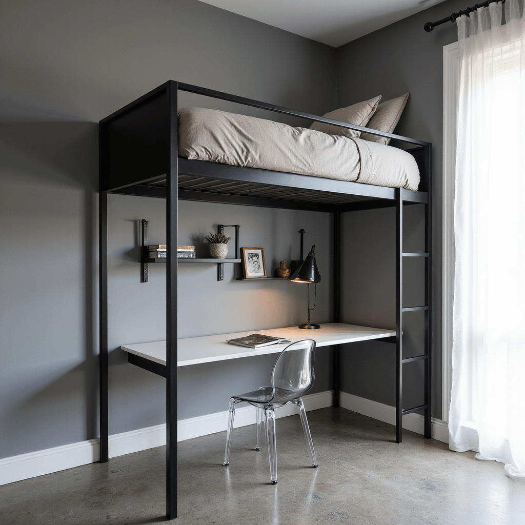 Minimalist bedroom with elevated twin loft bed, workspace below featuring a slim white desk and transparent ghost chair, dove gray walls with white trim, grid-style floating shelves, smoky glass pendant light, concrete-look flooring, cool morning light through sheer white curtains, captured from a low angle.