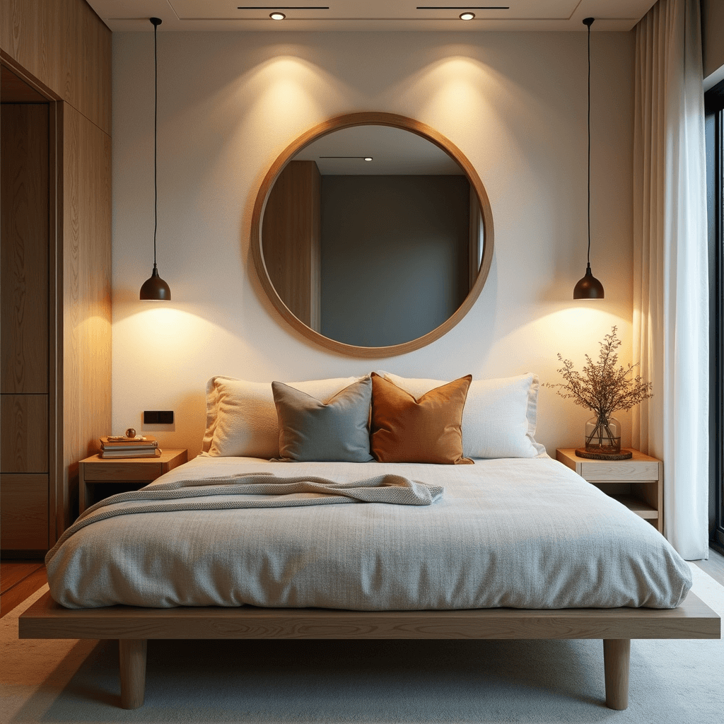 Cozy bedroom with a cream bouclé daybed and vintage pillows in terra cotta and sage, accented by warm recessed lighting and bleached oak nightstands, featuring textural white wallpaper and an oversized round mirror reflecting the modern coastal aesthetic.