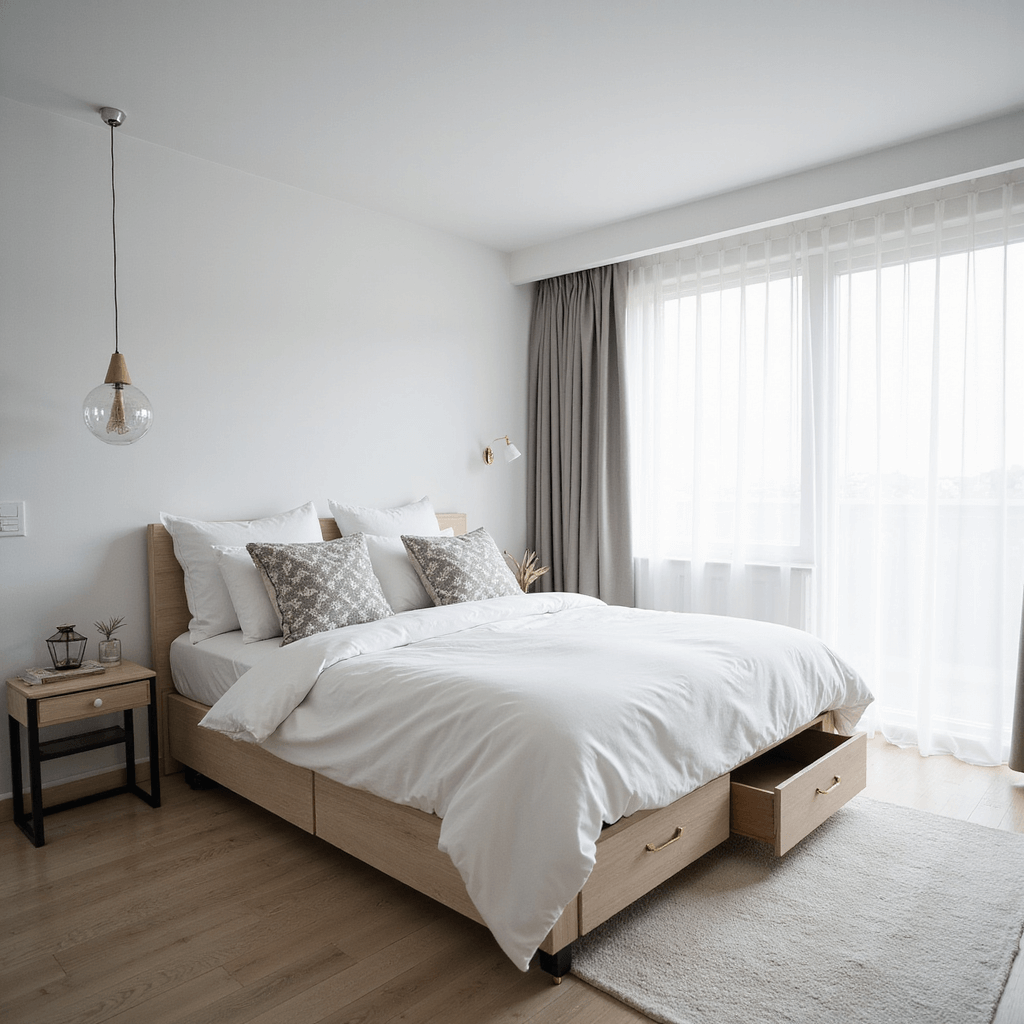 A contemporary 10x10ft bedroom flooded with midday light, featuring an all-white palette with black metal accents and pale timber tones. The queen bed includes hidden storage and is dressed in white linens with geometric throw pillows. A slim console serves as a dresser, topped with minimalist decor, while sheer curtains billow gently. The image captures the space from a corner angle, highlighting the Scandinavian minimalism infused with Japanese influence.