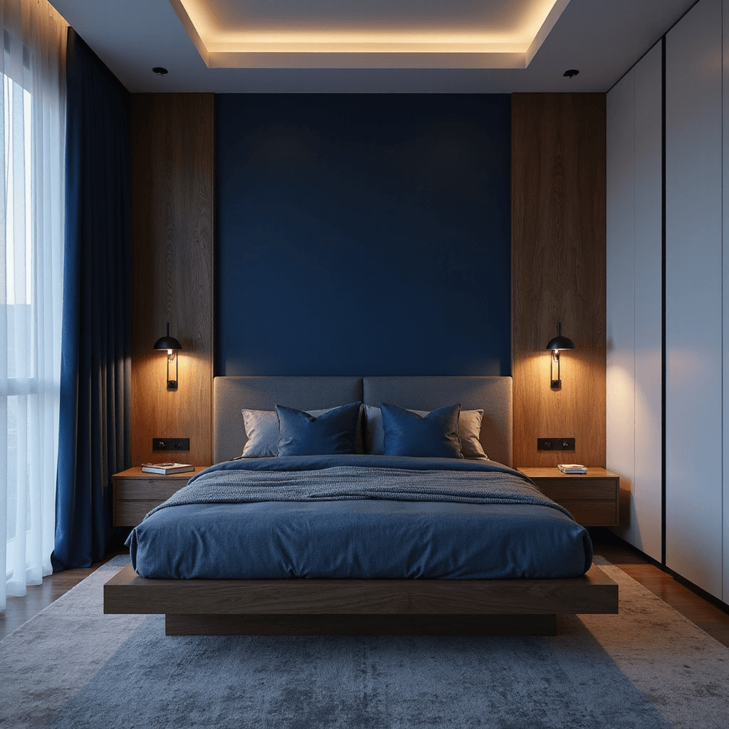 A dramatic bedroom at dusk featuring a deep navy accent wall behind a platform bed with walnut nightstands, layered blue tones, modern wall sconces, glossy white storage towers, captured from an elevated angle with moody lighting.