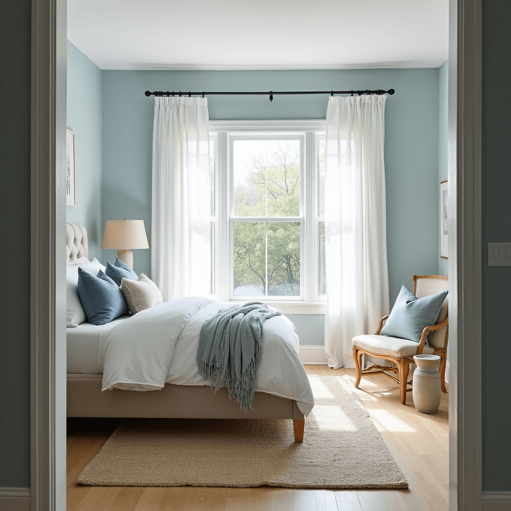 A serene sunlit bedroom with powder blue walls, a king-sized bed with white and sky blue linens, and large bay windows adorned with sheer white curtains, featuring natural oak floors and coastal-inspired decor.