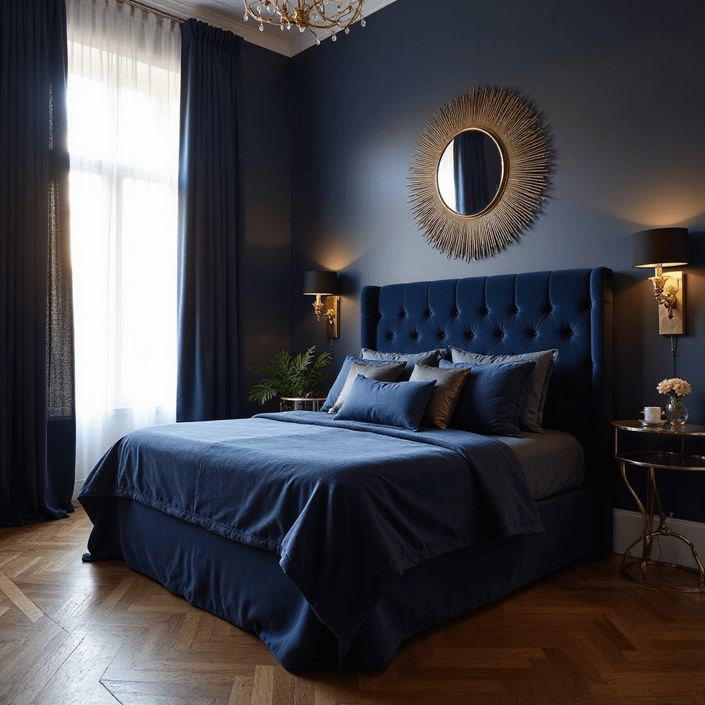 A luxurious master bedroom featuring dramatic navy walls, a king bed with a channel-tufted velvet headboard, silk bedding, brass accents, and warm, moody lighting from a low corner angle.