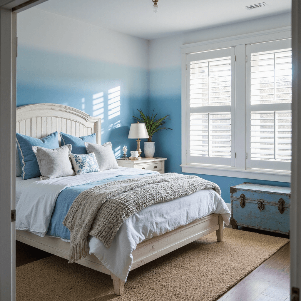Coastal-themed corner bedroom with graduated blue ombre walls, white plantation shutters, a queen bed in a whitewashed wooden frame, layered blue-and-white striped bedding, and a weathered blue vintage trunk as a bedside table, all bathed in bright late morning sunlight.