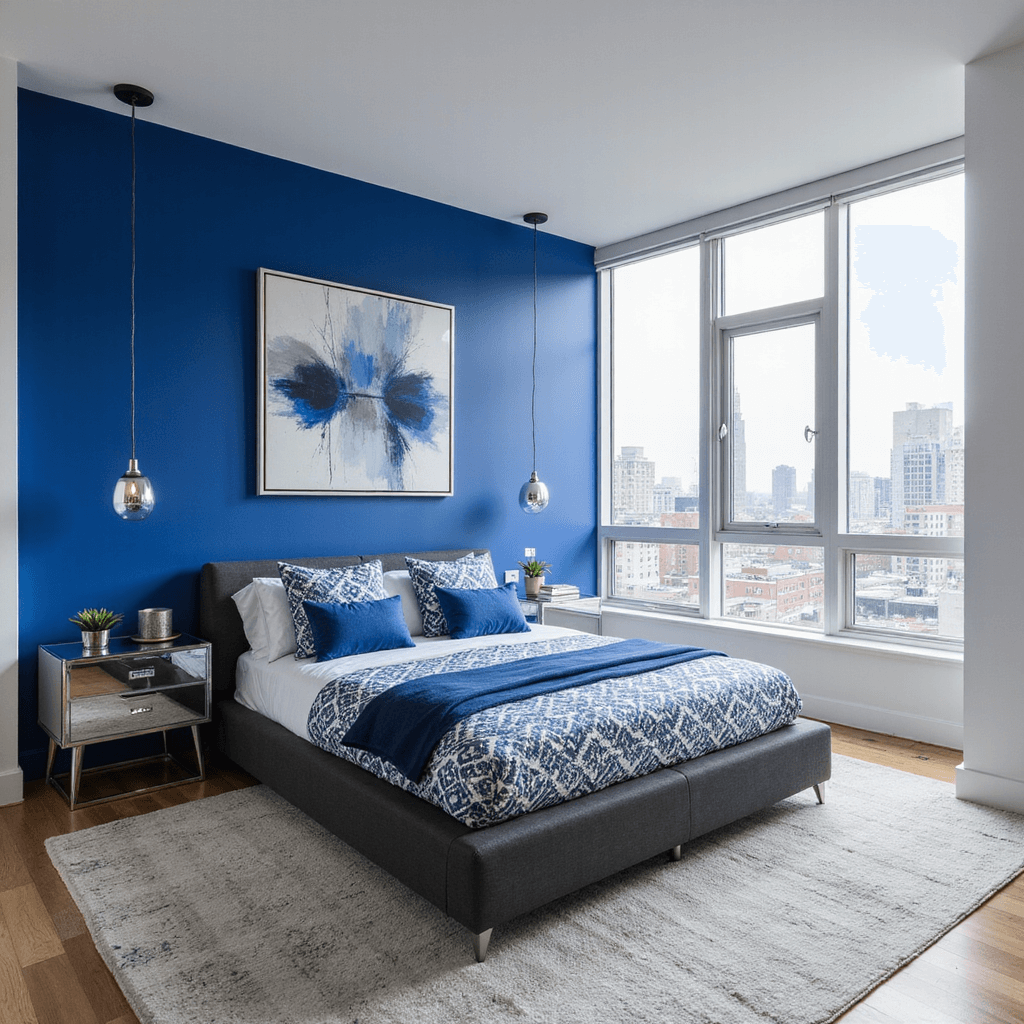 A modern urban bedroom with a cobalt blue accent wall, featuring a charcoal gray platform bed and geometric cobalt and white bedding, large floor-to-ceiling windows with city views, chrome and glass accessories, and abstract art in blues and grays, all captured from a high-angle perspective.
