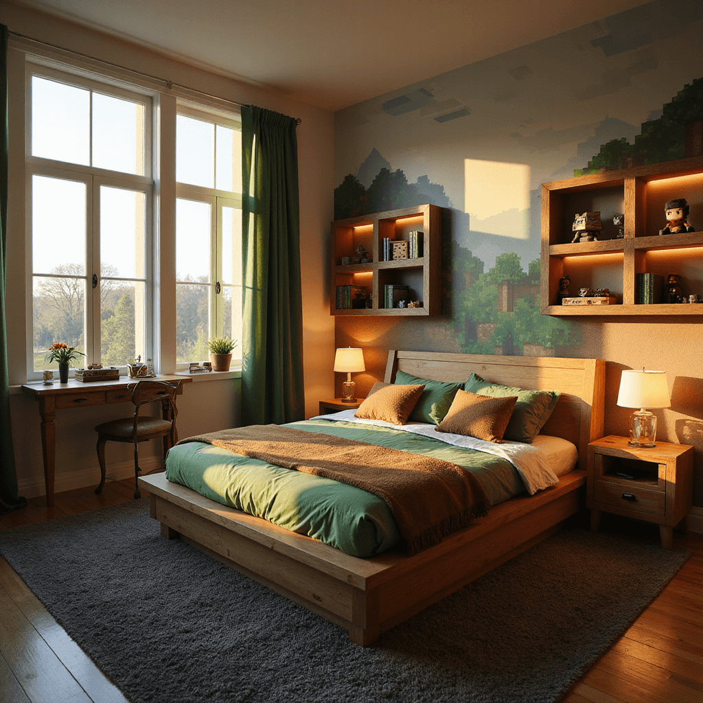 A Minecraft-themed bedroom showcasing a custom block-style platform bed with pixelated bedding, geometric window frames casting cube-shaped shadows, a hand-painted 8-bit mountain mural, floating shelves with illuminated Minecraft figurines, and a crafting table-inspired desk, all bathed in golden hour light.