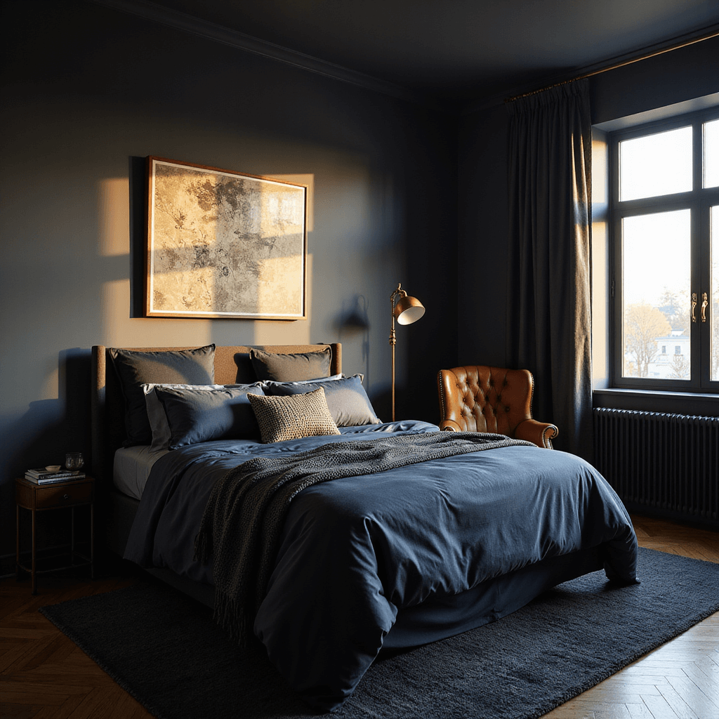 A moody master bedroom featuring deep charcoal walls, a king-size bed with layered midnight blue and silver bedding, and sunlight filtering through sheer charcoal curtains, creating dramatic shadows. A cognac brown leather wingback chair and a vintage brass floor lamp add warmth, while a black-framed gallery wall showcases abstract art against herringbone hardwood floors and a plush charcoal area rug.