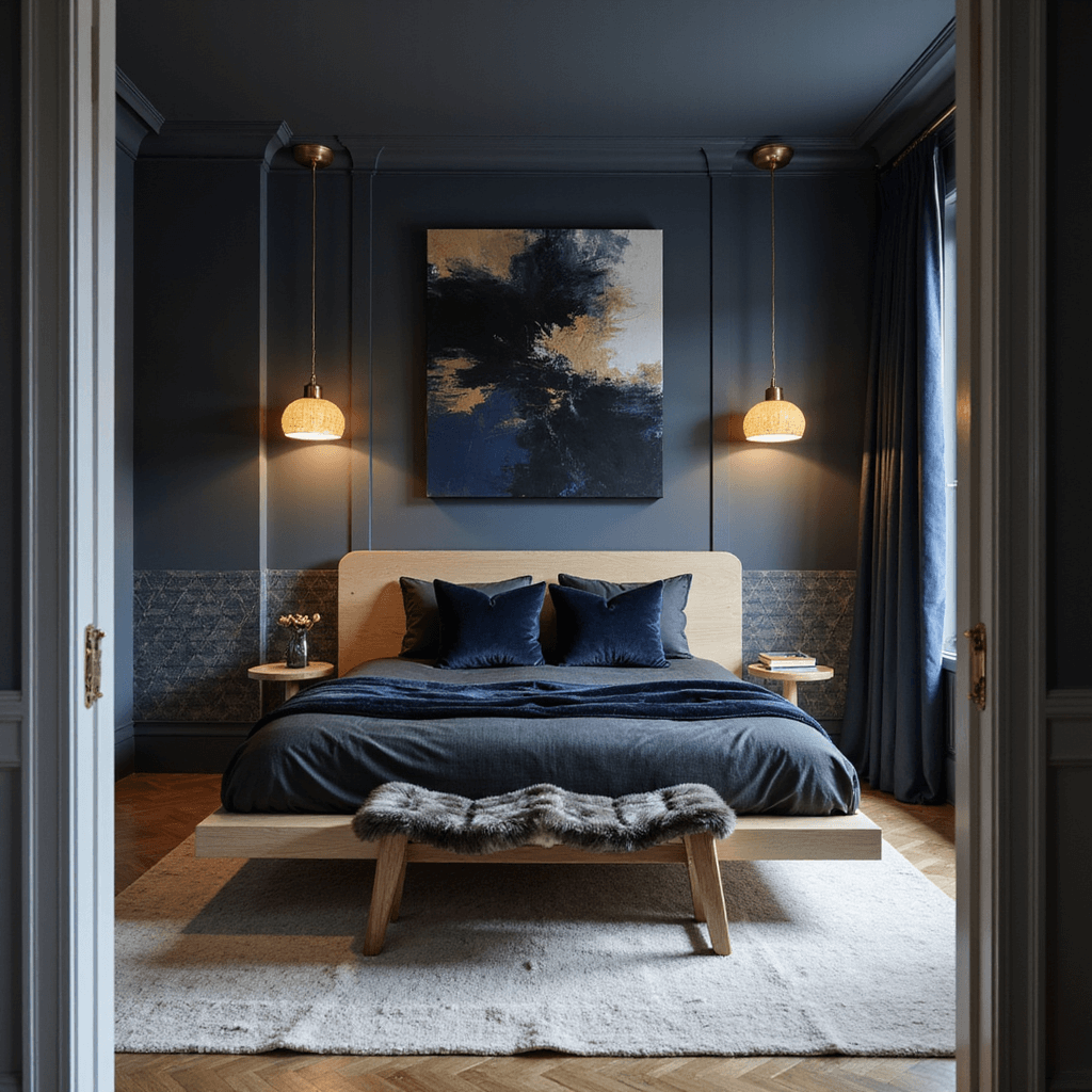 A contemporary bedroom featuring dark navy walls, a floating bleached oak platform bed with midnight blue Mongolian fur pillows and matte black bedding, asymmetrical champagne gold pendants, and an oversized abstract canvas in navy, gold, and white, all softly illuminated at dusk.