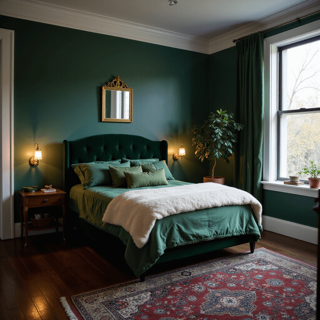 Intimate twilight bedroom with forest green walls and white trim, featuring a queen bed with an emerald velvet headboard, hunter green linens, and ivory faux fur throws, antique brass mirror, potted fiddle leaf fig, dark hardwood floors, and a vintage Persian rug in jewel tones.