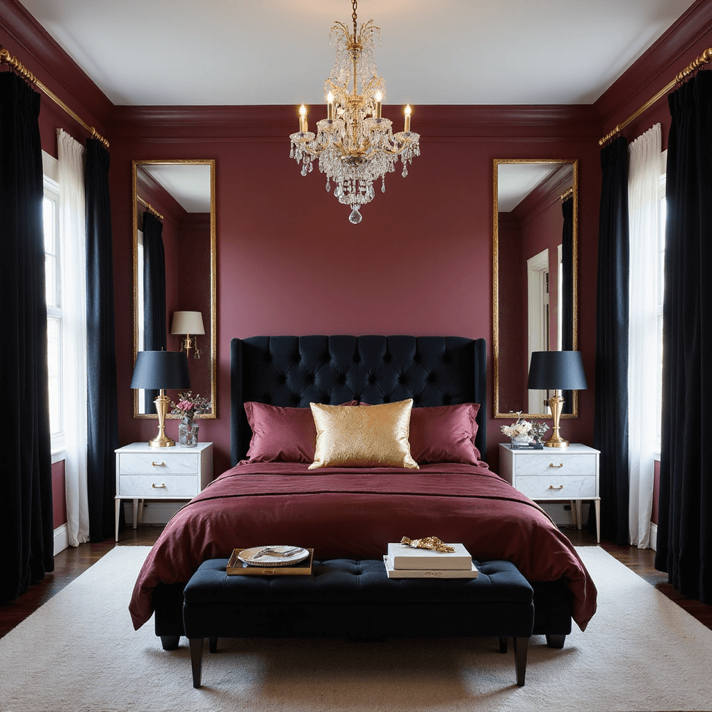 A luxurious primary bedroom with burgundy walls, a California king bed with a tufted black velvet headboard and burgundy silk bedding, flanked by floor-to-ceiling mirrors and black velvet drapes, featuring a crystal chandelier overhead and white marble side tables with brass lamps, captured during morning blue hour.
