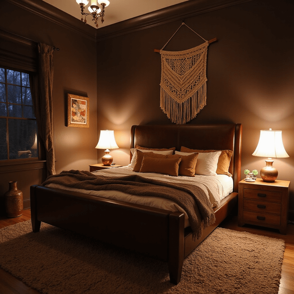 Cozy elevated corner view of a night bedroom featuring chocolate brown walls, a queen bed with a leather headboard and layered bedding in cream, caramel, and chocolate tones, vintage copper floor lamps, a jute and Moroccan wool rug, a macramé wall hanging, and natural wood nightstands with ceramic lamps, all captured in moody lighting with shallow depth of field.