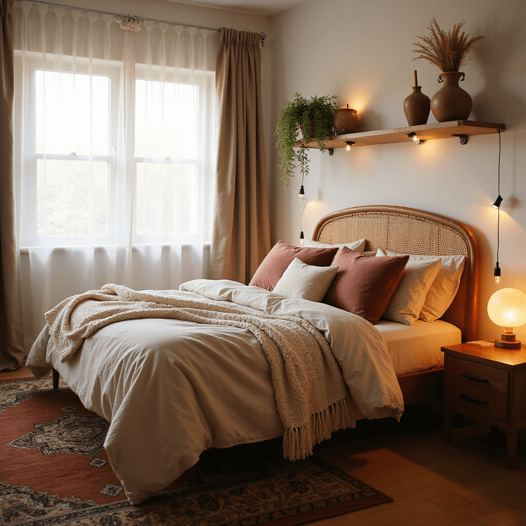 A cozy 10x12ft bedroom illuminated by golden hour light, featuring a plush queen bed with rumpled oatmeal linen bedding, a chunky cream knit throw, and dusty rose velvet pillows. A floating wooden nightstand with a ceramic lamp and a vintage Persian rug in terracotta tones complete the scene, enhanced by string lights around a rattan headboard and a wall-mounted shelf with pampas grass in earthenware vases.