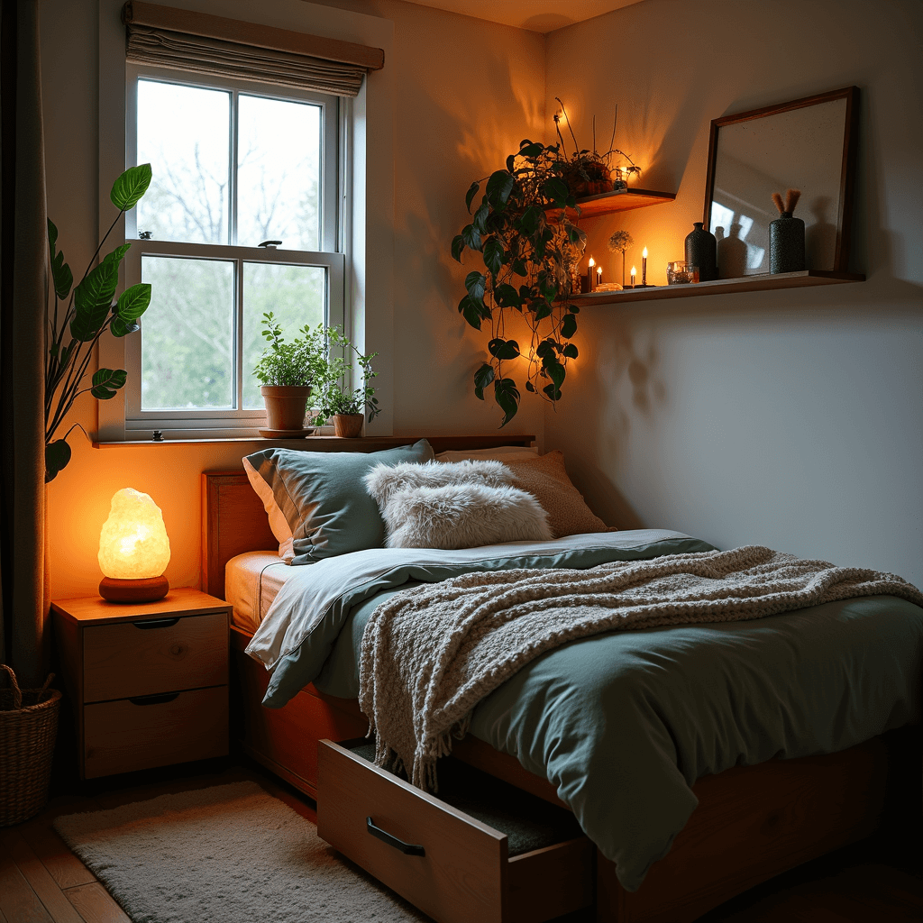 An 8x10ft intimate bedroom at dusk, featuring a twin bed with cloud-like sage green bedding and faux fur pillows, illuminated by a Himalayan salt lamp and fairy lights, with floating weathered brass shelves adorned with pothos plants and a vintage mirror enhancing the space.