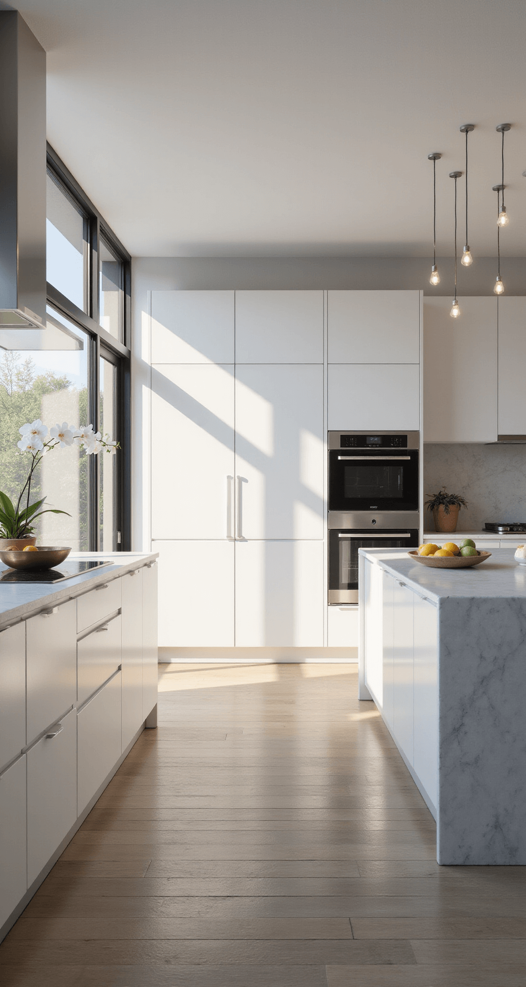 Spacious modern minimalist kitchen featuring handle-free white lacquered cabinets, a waterfall quartz island, and stainless steel appliances, illuminated by morning sunlight through floor-to-ceiling windows; decor includes a single white orchid and a geometric fruit bowl, creating a serene and sophisticated atmosphere.