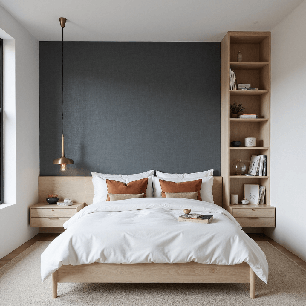 A minimalist bedroom featuring white walls and a navy grasscloth accent wall, designed from an elevated viewpoint. The platform bed has integrated storage and is adorned with white bedding and terracotta and beige pillows. A slim vertical bookcase displays curated items, while asymmetrical pendant lights with brass accents hang above. The scene emphasizes geometric lines and negative space in soft morning light.