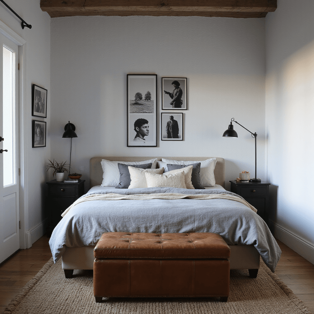 Compact bedroom featuring a bed dressed in dove grey and soft ivory linen, illuminated by a modern black sconce, with dramatic shadows on textured white walls, a cognac leather ottoman, a gallery wall of black and white photographs, and a jute rug, all captured during blue hour.