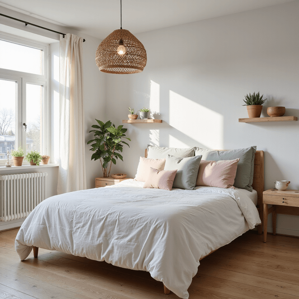 A sunlit Scandinavian-inspired bedroom with pale wood floors, a queen bed dressed in a cloud-white duvet and accent pillows in dusty pink and sage, featuring a fold-down desk and rattan pendant casting shadows, alongside floating shelves with ceramics and air plants, all enhancing an ethereal atmosphere.