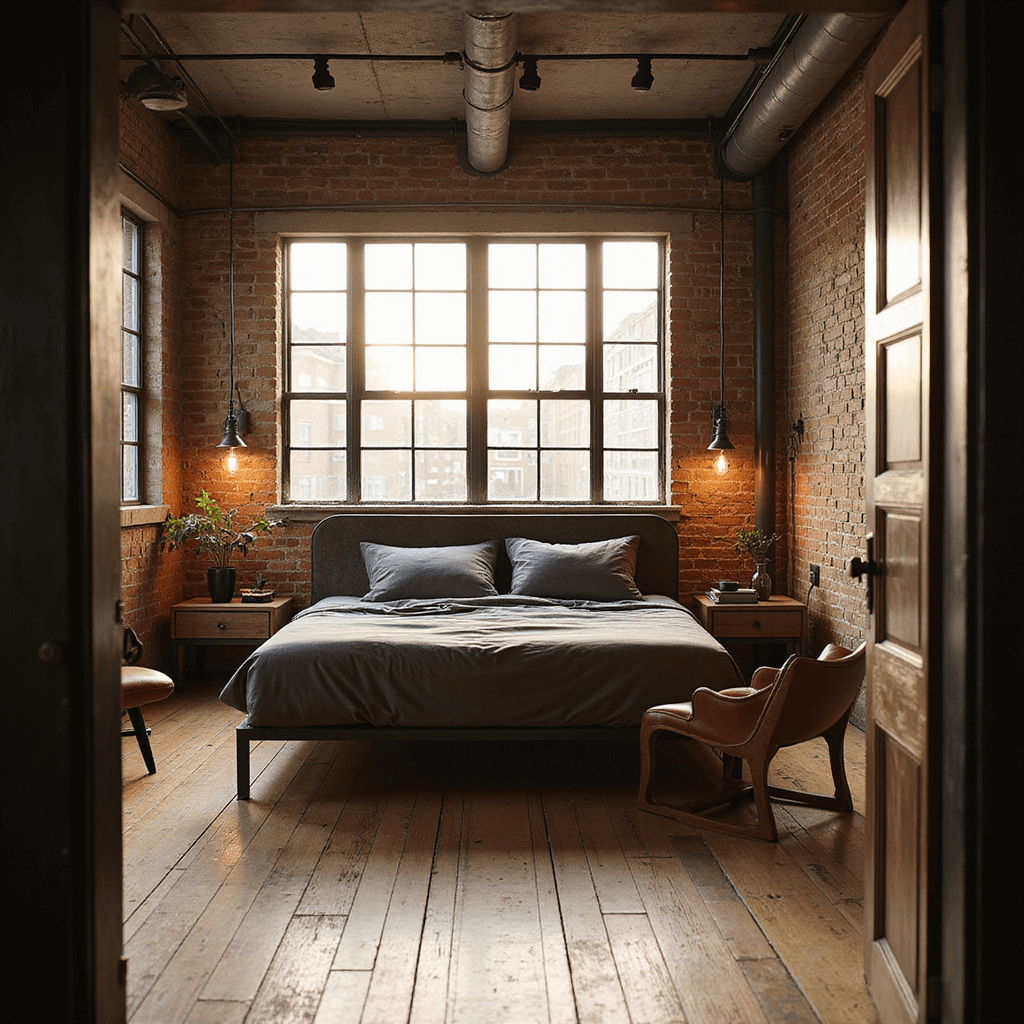 A modern industrial bedroom featuring a weathered steel platform bed against an exposed brick wall, with charcoal gray linens and a cognac leather accent chair, illuminated by streaming sunlight through factory windows, creating dramatic shadows.