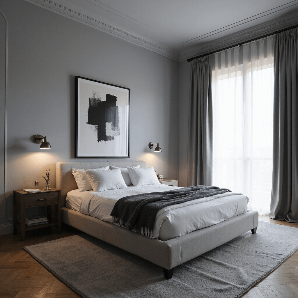 Intimate view of a minimalist gray bedroom at dusk, featuring a low-profile upholstered platform bed with white linens and charcoal throws, surrounded by architectural crown molding and ambient lighting from brushed nickel sconces, with oversized black and white abstract photography above, all captured in cool evening light filtering through sheer drapes.