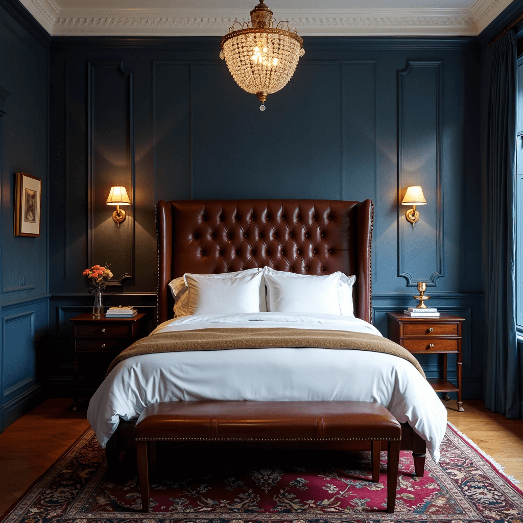 A classic gentleman's bedroom featuring rich navy grasscloth wallpaper, a tufted leather wingback headboard with white Egyptian cotton and camel cashmere throws, antique mahogany nightstands with brass library sconces, a deep burgundy Persian rug, and a crystal chandelier, all captured in warm artificial light during blue hour.