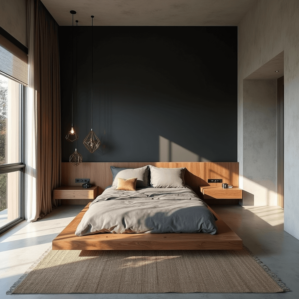 Dramatic high-angle view of a contemporary masculine bedroom featuring a matte black accent wall, bleached oak California king platform bed, geometric pendant light, and textured wool area rug, illuminated by natural daylight through floor-to-ceiling windows.