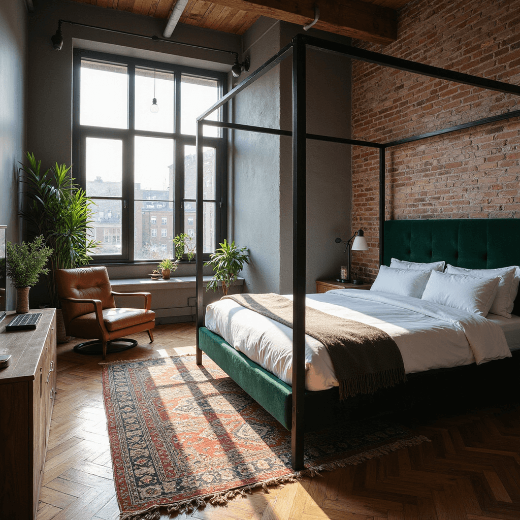 An overhead view of an industrial-modern bedroom featuring herringbone hardwood floors, a dark green velvet upholstered bed with a black metal canopy, a vintage leather sling chair in a reading nook, blackened steel and glass pendant lights, and layered rugs, all illuminated by morning light.
