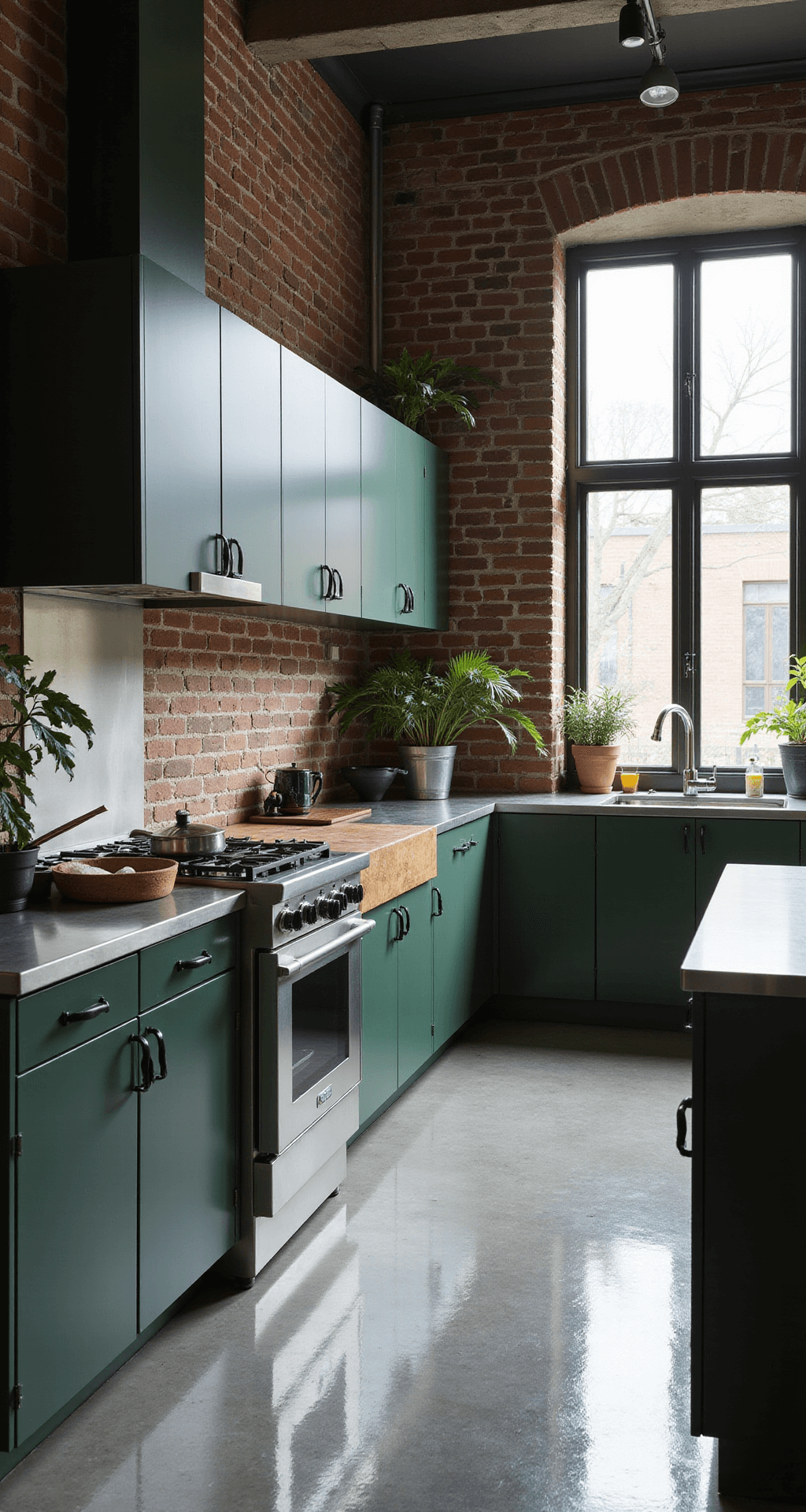 Industrial-modern kitchen featuring forest green metal cabinets, black powder-coated handles, polished concrete floors, a stainless steel island with butcher block top, exposed brick wall, and steel-framed windows, with professional cookware and architectural plants. Strong shadows from dramatic side lighting enhance the clean lines and symmetry of the space.