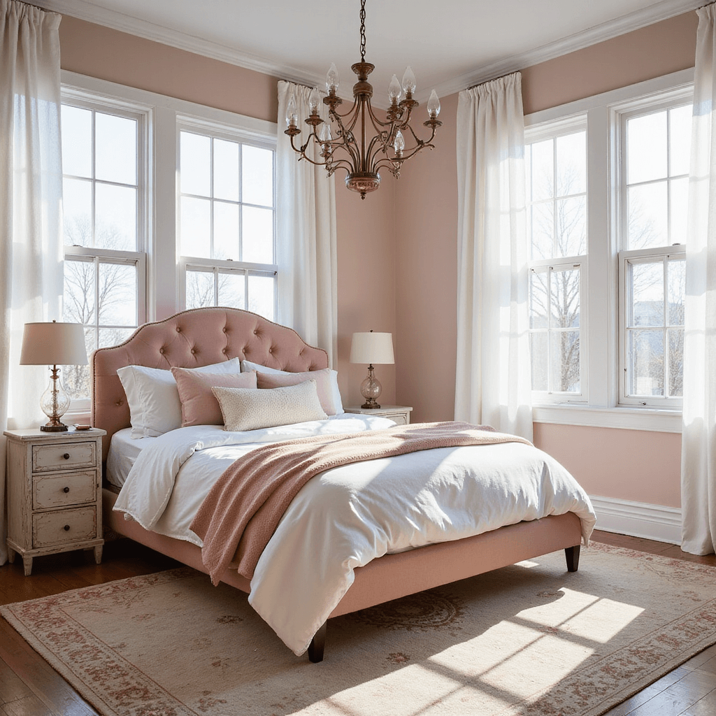 A serene blush pink bedroom featuring a grand upholstered bed, layered linens, tall windows with sheer curtains, and a vintage brass chandelier, all illuminated by morning light.