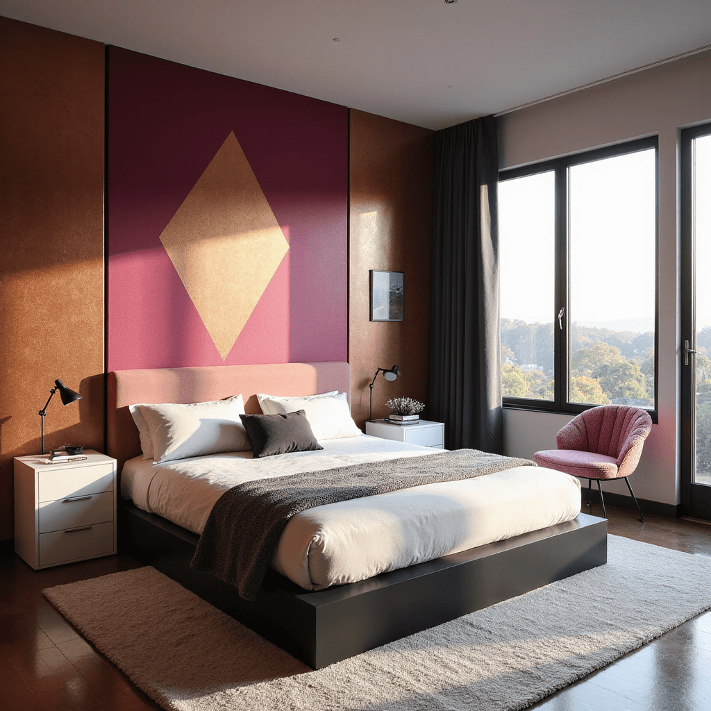 Modern primary bedroom featuring bold geometric magenta and copper wallpaper, a king-size matte black platform bed with a pink velvet headboard, minimalist white side tables, and a chunky pink bouclé accent chair. The room is illuminated by golden hour light filtering through floor-to-ceiling charcoal blackout curtains, casting dramatic shadows on textured surfaces.