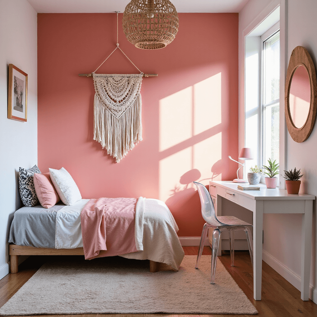 A cozy teen bedroom featuring a vibrant coral pink accent wall, crisp white walls, a twin bed with color-blocked pink, gray, and white bedding, and mixed pattern pillows. A white desk with a lucite chair and pink task lamp complements the space. A macramé wall hanging adds texture above the bed, while a rattan pendant light casts intricate shadows. The wide-angle shot captures the bright midday light and emphasizes the room's youthful energy.