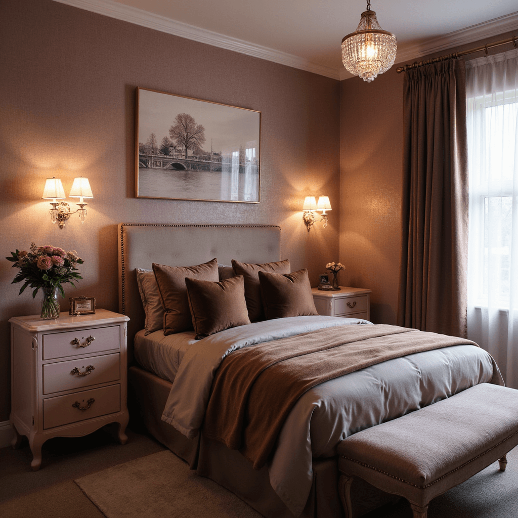 Sophisticated guest bedroom at dusk featuring dusty rose grasscloth wallpaper, a queen bed with mauve silk and velvet layers, a vintage pale pink French dresser, and crystal sconces for ambient lighting, captured from an elevated angle.