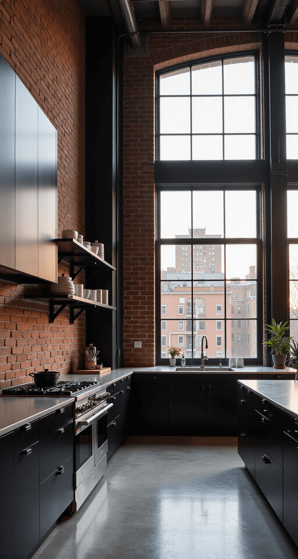 Industrial black kitchen in a double-height loft featuring exposed brick walls, steel beams, and dramatic evening lighting from oversized windows, showcasing high-gloss black cabinets, stainless steel countertops, and blackened steel open shelving with minimalist white ceramics.