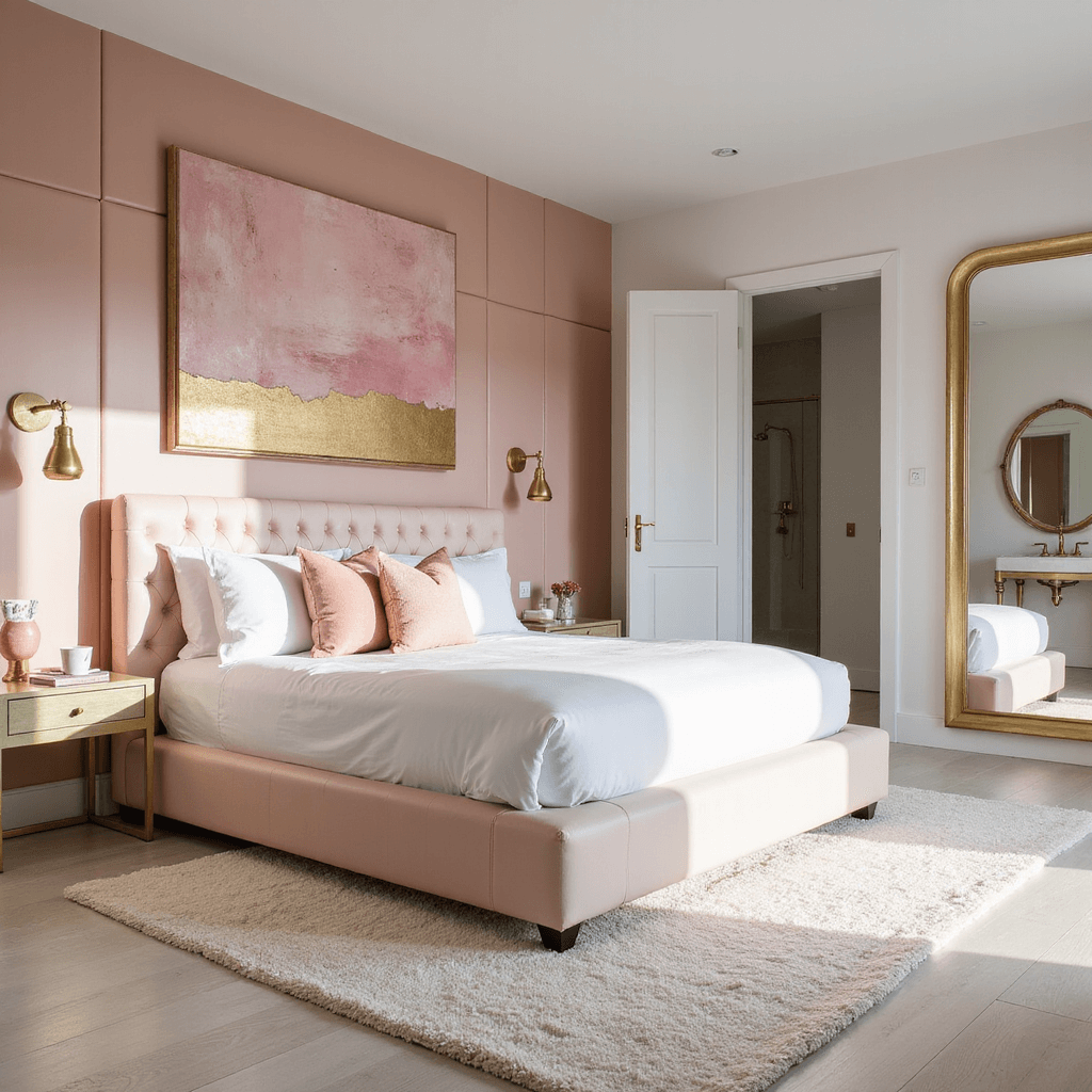 Contemporary primary suite featuring a high-gloss ballet pink lacquer feature wall, a California king bed with a pale pink leather channel-tufted headboard, oversized abstract art in pink and gold, white oak flooring with a plush cream area rug, and brushed brass lighting fixtures, viewed through to an ensuite bath, illuminated by afternoon light.