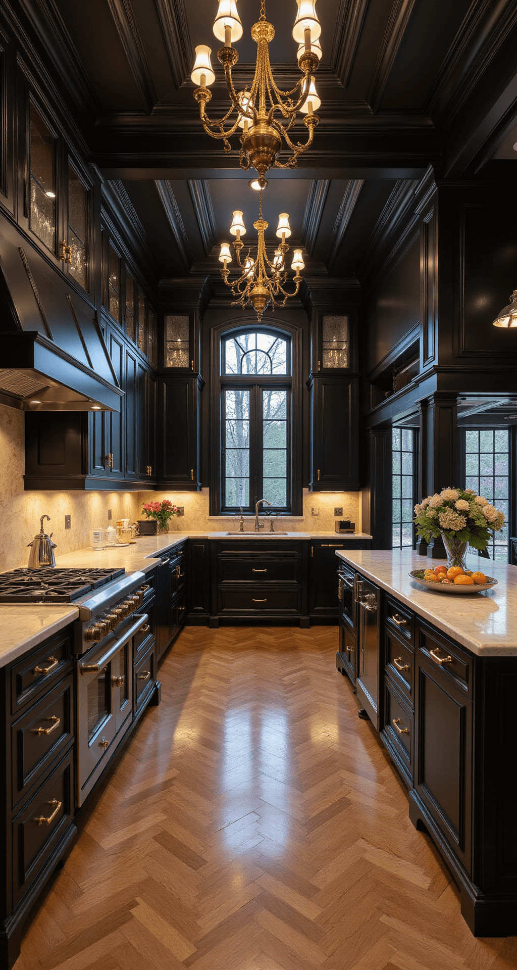 Luxury black kitchen featuring coffered ceilings, custom chandeliers, black lacquered cabinets with gold hardware, Calacatta gold marble counters, professional black stainless appliances, and classic parquet floors, designed with modern luxury and classical influences.