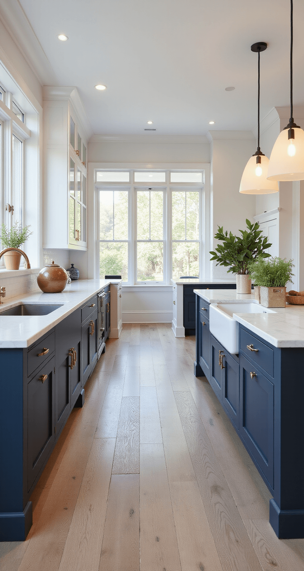 A modern kitchen measuring 12x15ft, featuring navy blue base cabinets, glossy white upper cabinets, and a marble waterfall island, all illuminated by morning light through floor-to-ceiling windows. The space includes wide-plank white oak flooring, under-cabinet LED lighting, artisanal ceramic vessels, fresh herbs in copper planters, and minimalist pendant lights.