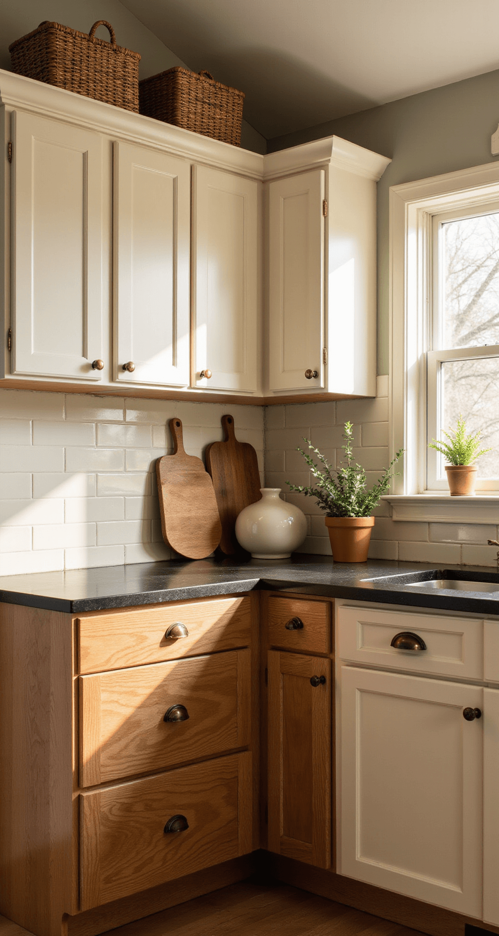 A corner kitchen with natural wood lower cabinets and cream upper cabinets, featuring vintage brass pulls. A cream subway tile backsplash complements the design. The shot captures warm golden hour lighting from a 45-degree angle, highlighting cabinet textures and styled with wooden cutting boards, woven baskets, and potted eucalyptus.