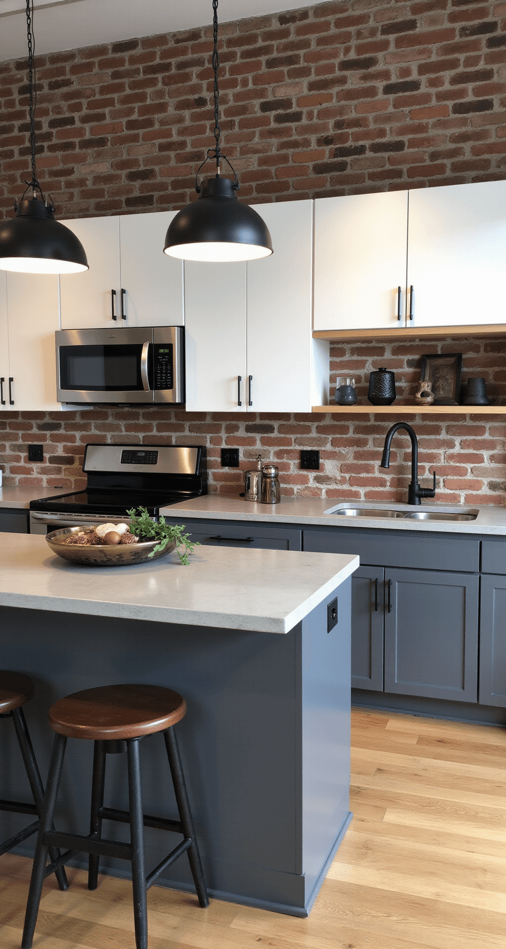 An aerial view of a 14x16ft industrial-chic kitchen featuring an exposed brick wall, charcoal gray ultra-matte lower cabinets, bright white upper cabinets, stainless steel appliances, and concrete countertops. The space is illuminated by dramatic overhead track lighting and styled with black accessories, metallic accents, and geometric shapes.