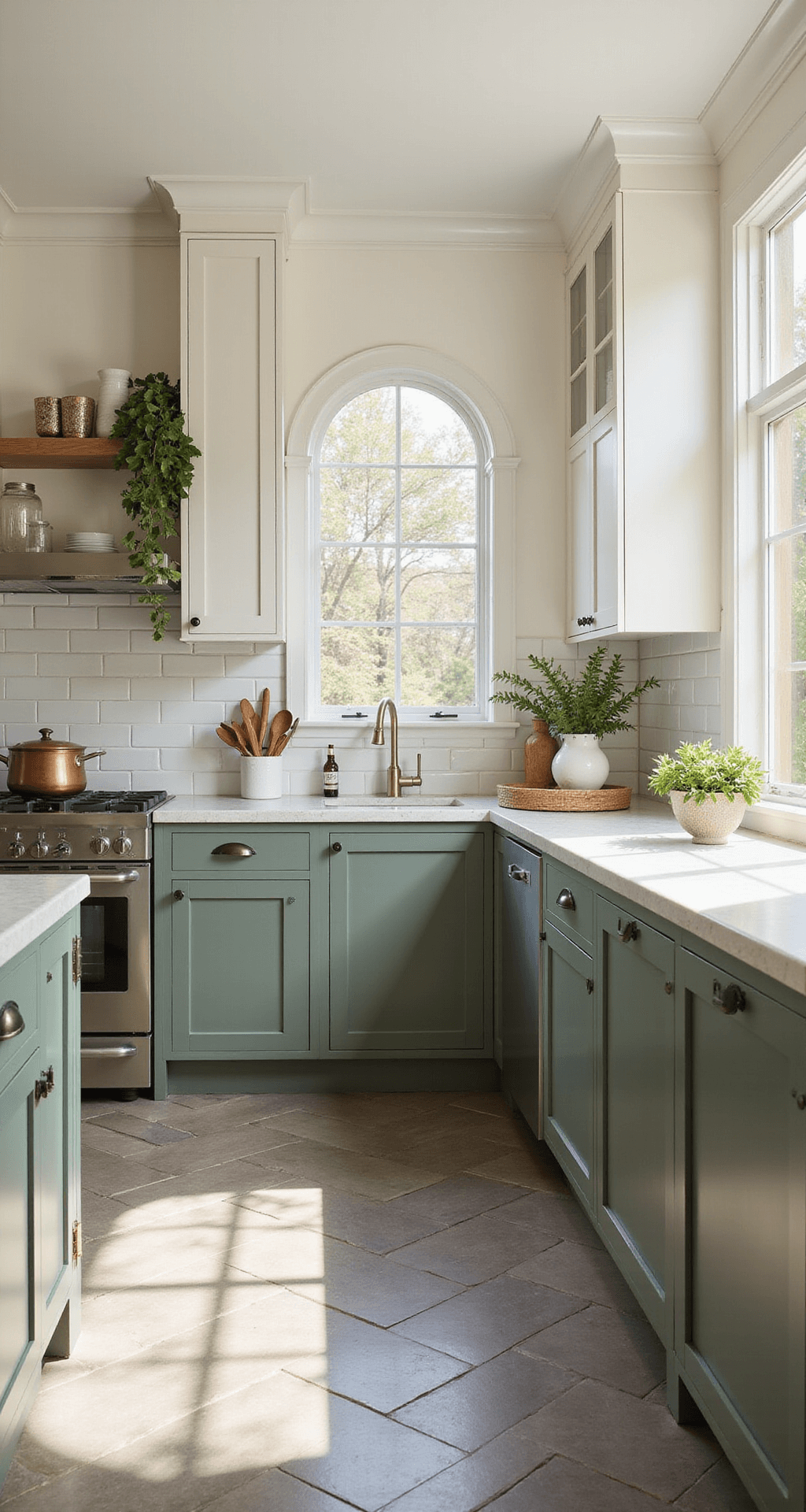 Sun-drenched L-shaped kitchen featuring sage green base cabinets and ivory upper cabinets, both in satin finish, with quartz countertops and herringbone tile floor, styled with copper cookware, white ceramics, and trailing plants, captured in a low angle shot emphasizing vertical lines and natural light.