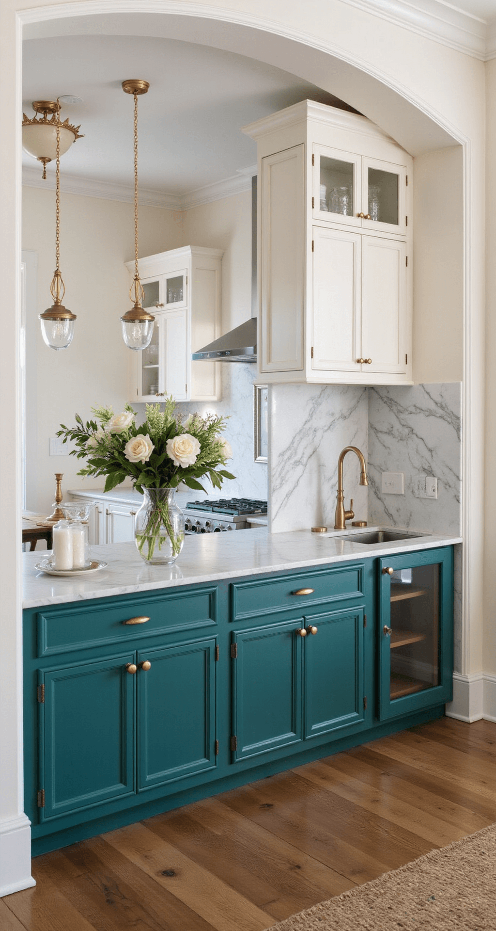 Transitional kitchen featuring deep emerald lower cabinets with brushed gold hardware, cream upper cabinets, and a marble backsplash with dramatic veining, viewed from the dining area with layered lighting and styled with vintage glass jars, brass candlesticks, and fresh florals.