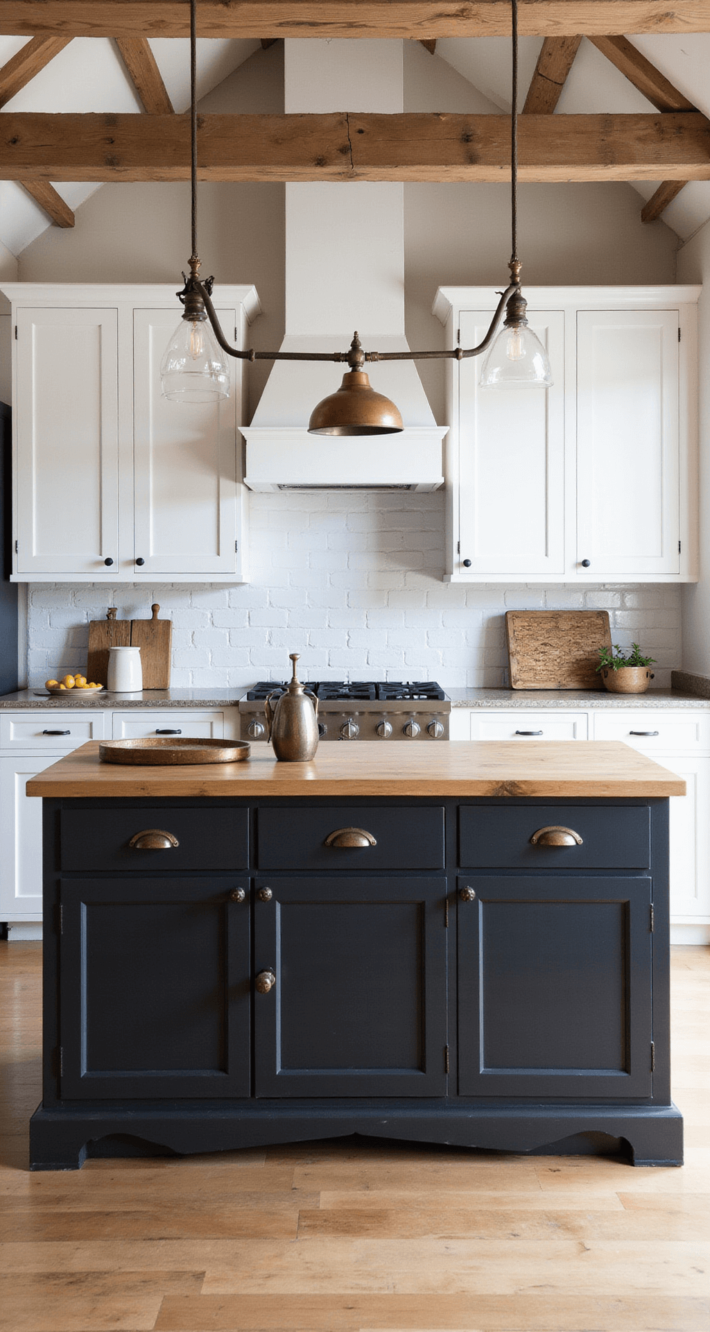 A contemporary farmhouse kitchen featuring a symmetrical layout with exposed beams, black matte lower cabinets, whitewashed upper cabinets, and a butcher block island with a white base. The space includes mixed metal fixtures, vintage-inspired lighting, and styled with antique copper, woven textures, and rustic elements.